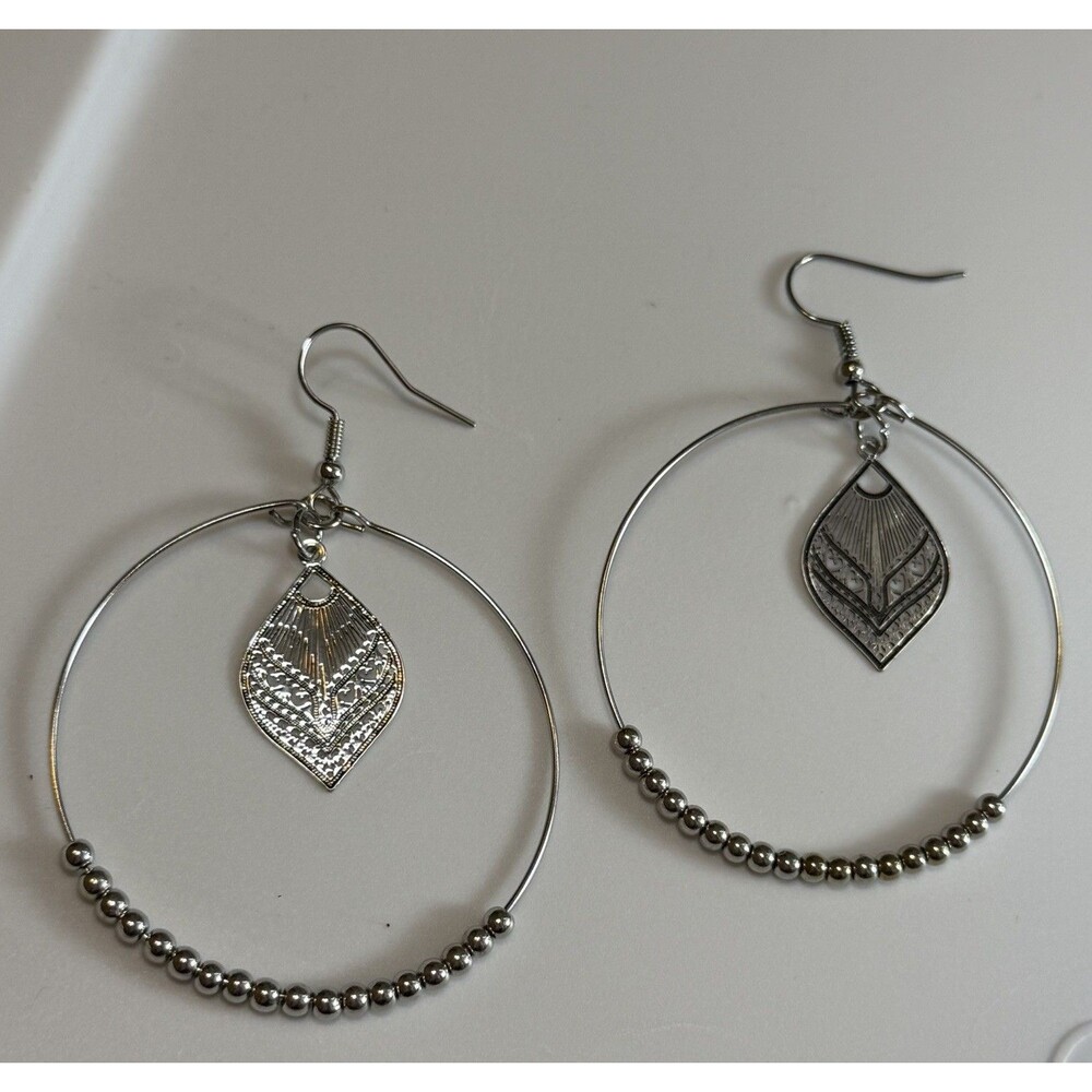 Vintage Silver Tone Beaded Hoop Earrings Ornate Filigree Leaf Charm Boho Dangle